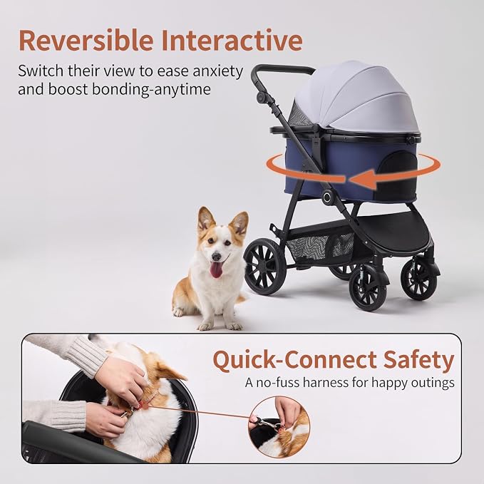 3-in-1 Pet Stroller for Medium Dogs & Cats, Detachable Aluminum Frame Carrier, All-Terrain 4-Wheel Dog Travel Carriage, Shock Absorption, Easy-Entry Low Door, Max 55lbs - Blue Grey