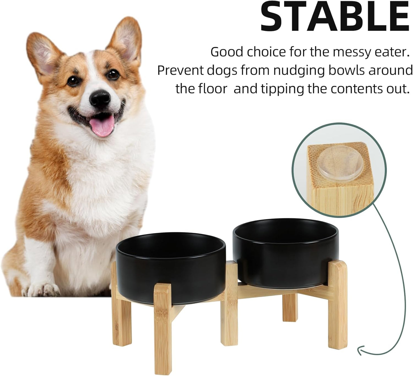 Ceramic Raised Double Bowls Set with Stand, 2 Heights Elevated, Food & Water Bowls for Small Breed Dogs, Weighted Dog Dishes, Pet Bowl(6.1'',28.7oz, Black)