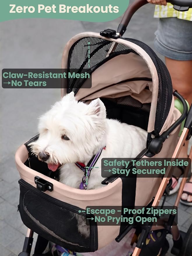 Small Dog Stroller, 5-in-1 Foldable Pet Stroller for Small Dogs Cats 10-20 lbs - 1-Click Fold Without Detaching Carrier, Removable Waterproof Carrier, All Terrain 4 Wheels for Outdoor Travel, Khaki