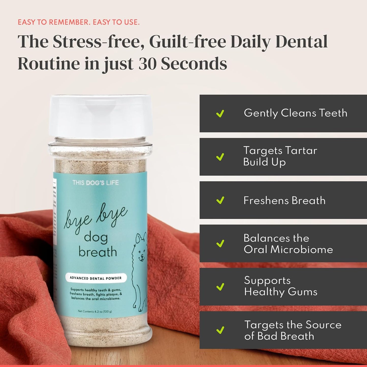 Dog Dental Powder – Vet Formulated - Cleans Teeth, Freshens Breath, Fights Plaque and Tartar – Natural Ingredients - 19 Active Ingredients - Oral Dog Probiotic - No Brushing - Made in USA