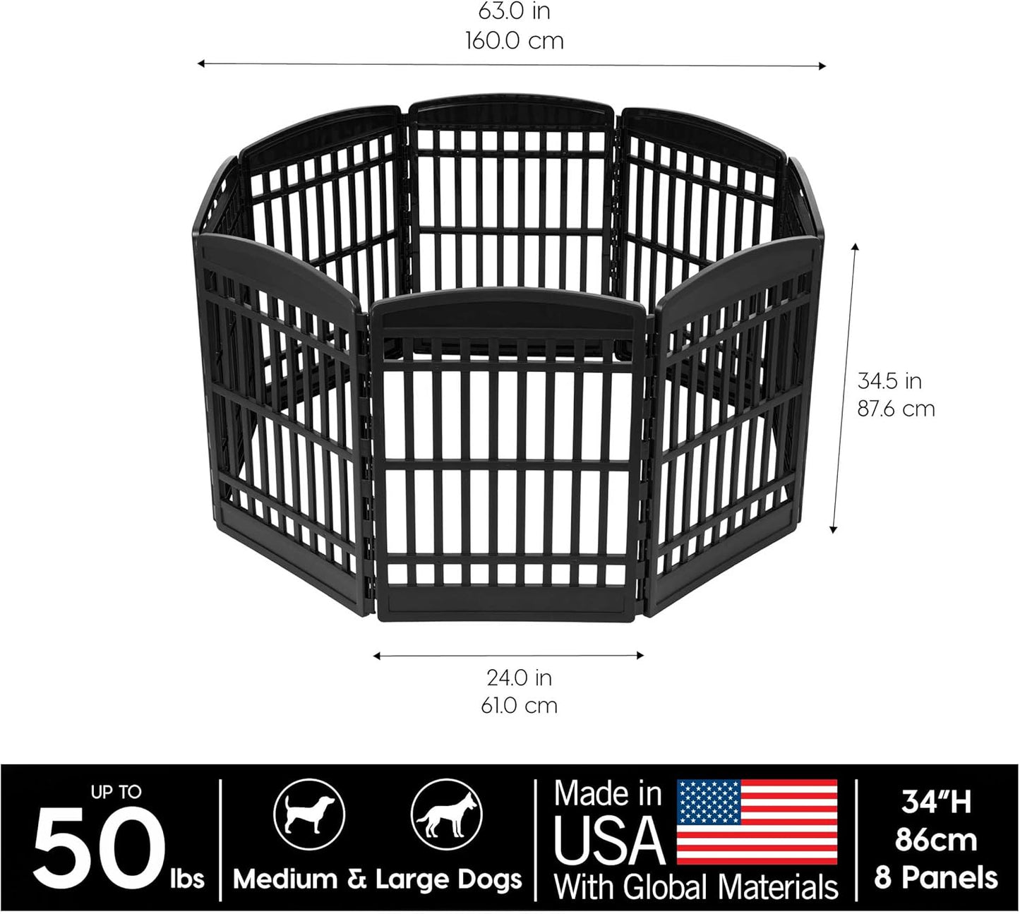 IRIS USA 34" 8-Panel Dog Playpen, 63 x 63 x 35, Puppy Fence, Puppy Playpen, Dog Play Pen Indoors, Pet Fence, Puppies/Small Dogs, Black