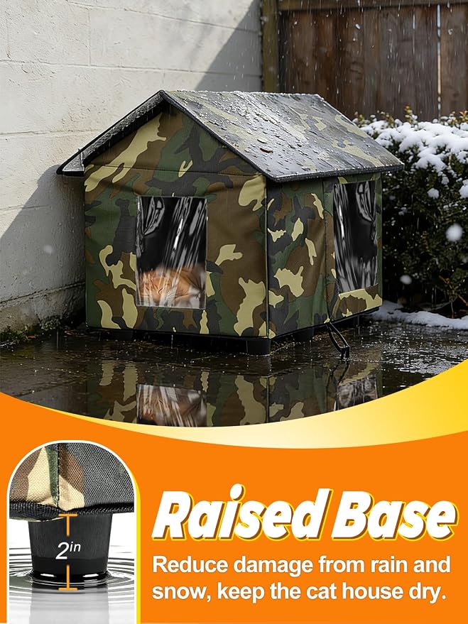 Elevated Insulated Outdoor Cat House Weatherproof - 20"x19"x17" Waterproof PVC Top & Aluminum Film Liner Camouflage Feral Cat Shelters for Keeping Cats Winter Warm, Green