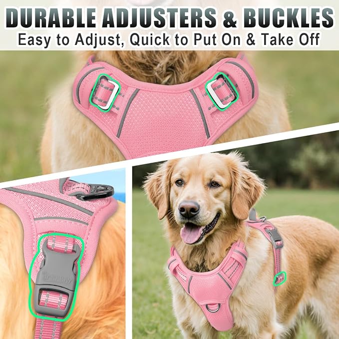 BARKBAY No Pull Dog Harness Large Reflective Dog Harness with Front Clip and Easy Control Handle for Walking Training Running with ID tag Pocket(Baby Pink,L)