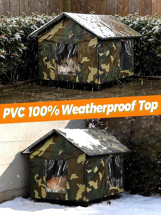 Elevated Insulated Outdoor Cat House Weatherproof - 20"x19"x17" Waterproof PVC Top & Aluminum Film Liner Camouflage Feral Cat Shelters for Keeping Cats Winter Warm, Green