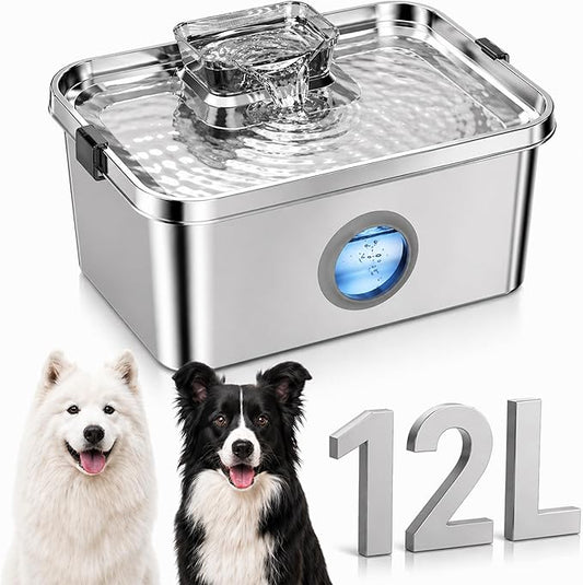 PETTEN 12L Large Dog Water Fountain for Large Dogs & Multi-Pet Homes,304 Stainless Steel 3Gal Pet Water Fountain Ultra Quiet Automatic Water Dispenser, Advanced Filtration, Easy Clean Indoor Use