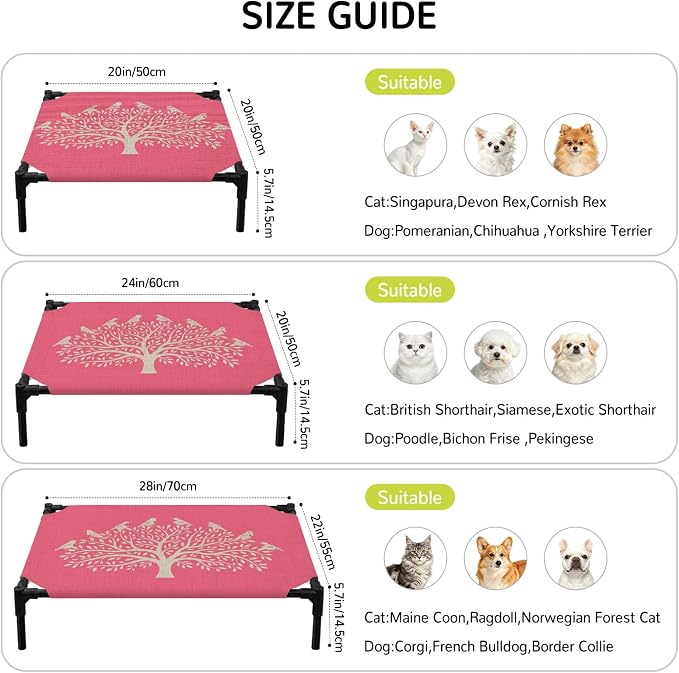 Outdoor Elevated Dog Bed for Medium Dogs, Black Tree Breathable Cooling Raised Dog Cot for Indoor/Outdoor, Birds Vintage Farmhouse Pink Waterproof Elevated Pet Beds, M 24 x 20 in