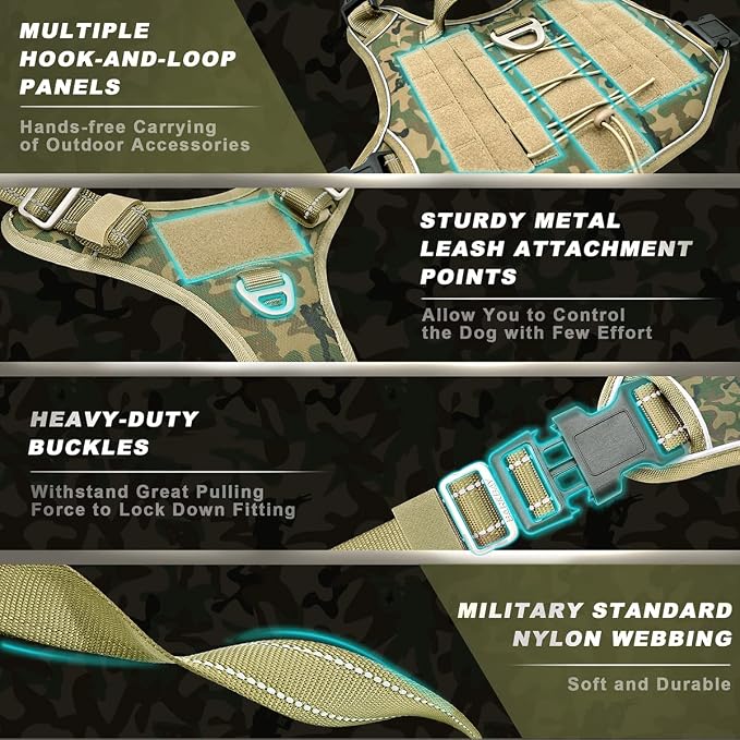 Tactical Dog Harness Large,Military Service Weighted Dog Vest Harness Working Dog MOLLE Vest with Loop Panels,No-Pull Training Harness with Leash Clips for Walking Hiking Hunting(Camo,S)