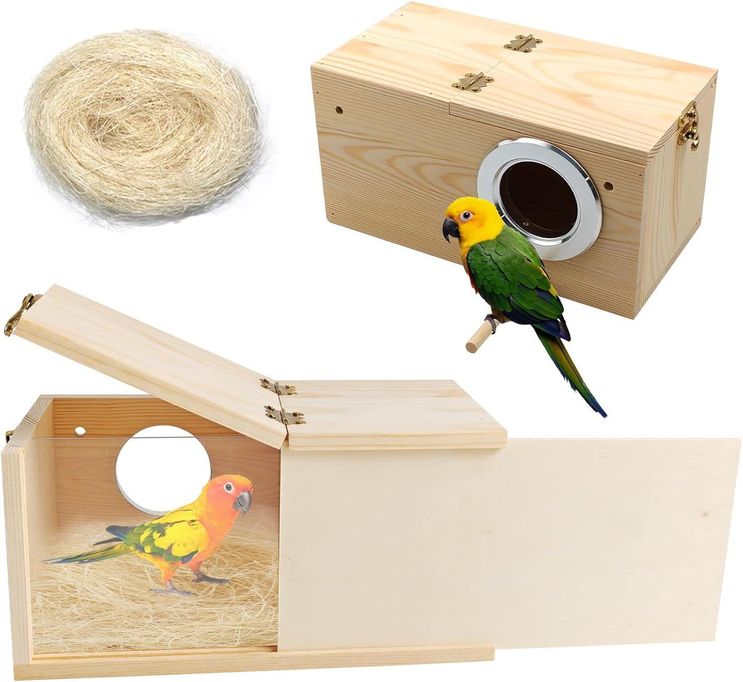 PINVNBY Wooden Bird Nesting Box with Transparent Visual Window,Parakeet Nest Breeding Box with Detachable Board Acrylic Cockatiel House for Budgie Lovebird Conure Parrot (L)