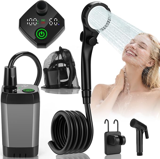 vignuto Portable Shower for Camping, Rechargeable Camping Shower Pump with LED Display of Battery Level and Temperature
