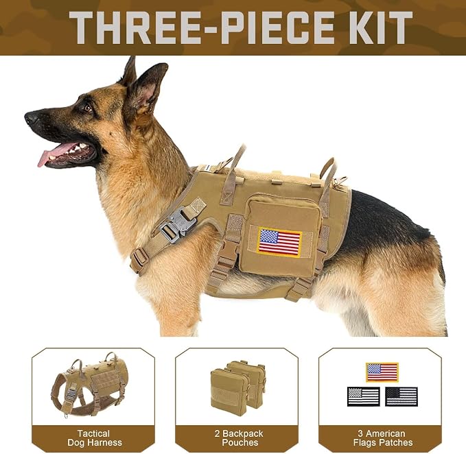 Forestpaw Tactical Dog Harness Pouches and Patches Set,M,Brown | Adjustable Fits 22-35" Chest,30-80 lbs,No Pull Military Style Service Dog Vest for Daily Walking Training,Medium Dogs