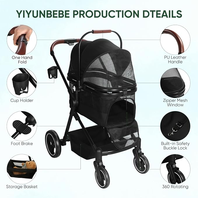 3-in-1 Foldable Pet Stroller for Dogs/Cats, 33lbs | All-terrain 7"/10" wheels | Compact storage | Storage basket | Breathable linen | Cup holder & rear brakes