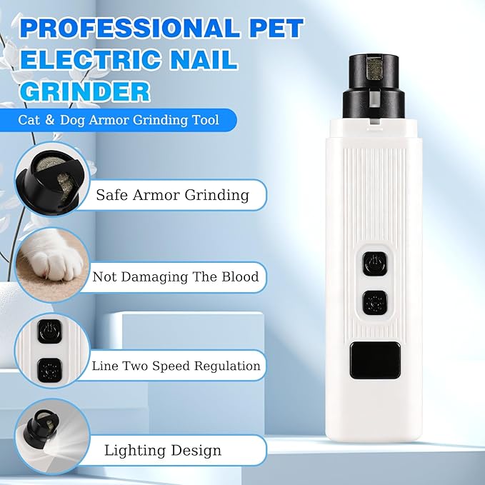 Cat Nail - Safe Cut Cat Nail Trimmer with Three Grinding Heads, Pet Nail Clippers with Light, Two Adjustable with 360° Grinding Settings, Ultra-Quiet, for All Cats ＆ Dogs (White)