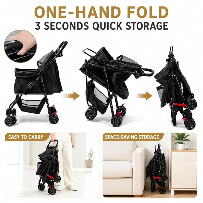 Dog Stroller for Small Dogs, Pet Stroller with 4 Wheels, Foldable Dog Strollers for Small Dogs & Cats, Cat Stroller with Storage Basket, Breathable Mesh, 360° Wheels & Rear Brakes Grey