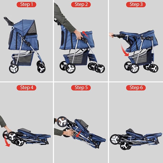 Pet Stroller for Medium Small Dogs - Easy to Walk Folding Travel Carrier Strolling Cart with Cup Holder, Weather Cover and Storage Basket (Navy Blue)