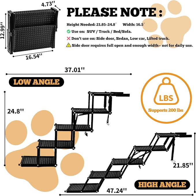 Dog Stairs for Car, Foldable 5-Step Pet Stairs for Senior & Small Dogs | Non-Slip Surface, Lightweight Dog Steps for SUV, Truck, Bed, Supports 200 lbs