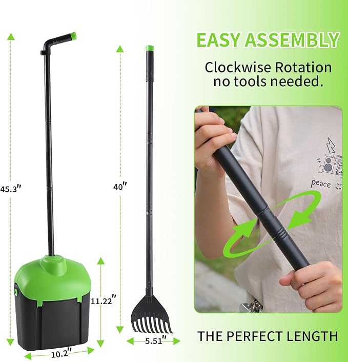 ienjoyed 40" Tall Dog Pooper Scooper with 100 Bags Attachment, Large Capacity Swivel Bin and Rake Metal Pole, Long Handle Pooper Scooper for Large Dogs, Dog Poop Scoop for Yard (Green)
