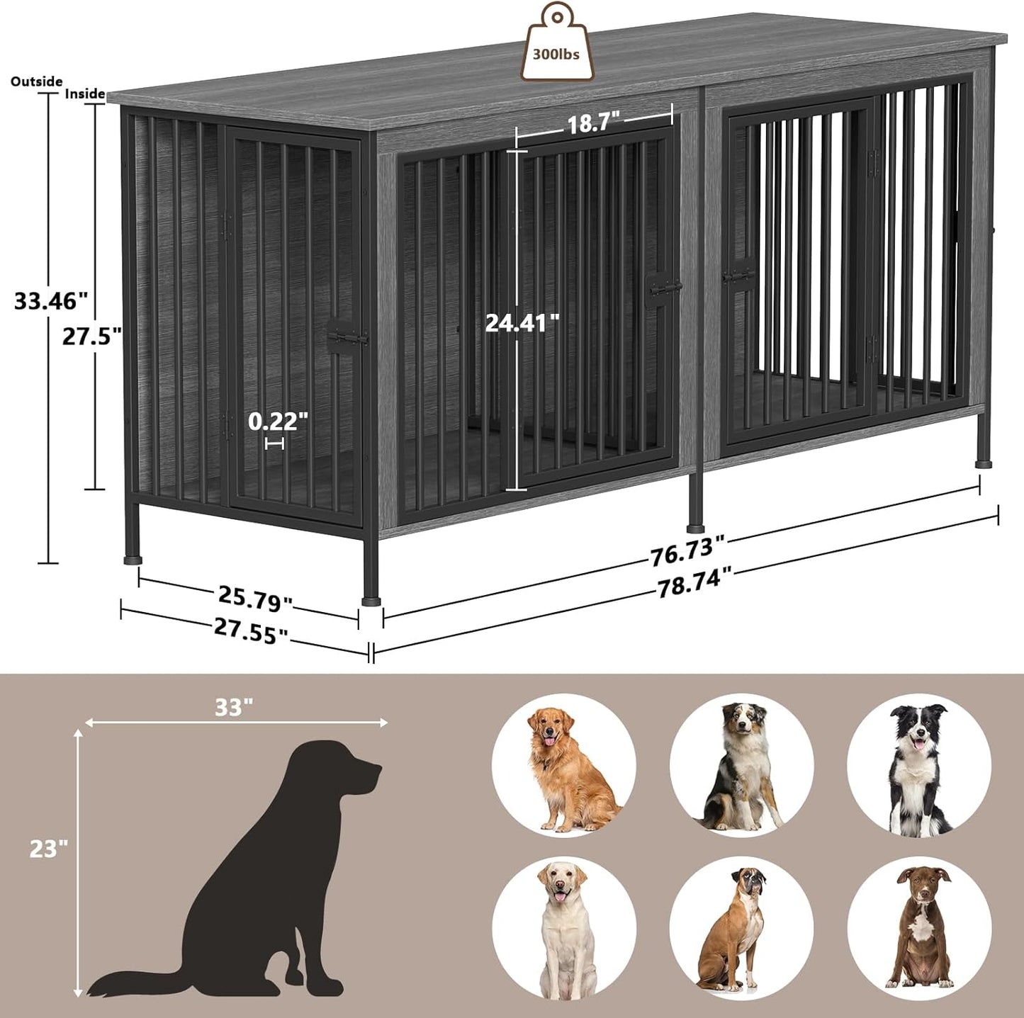 EasyCom 78 Inch Dog Cage Furniture for 2 Pets with Divider, XXL Wooden Double Dog Crate Furniture TV Stand for Mideum and Large Breed, Durable and Sturdy