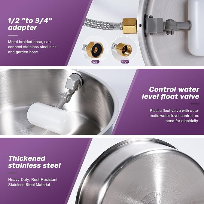 6L Automatic Dog Water Bowl Dispenser Outdoor | Stainless Steel Pet Waterer Self Filling Waterer for Large Dog Cat Chicken Duck Goat