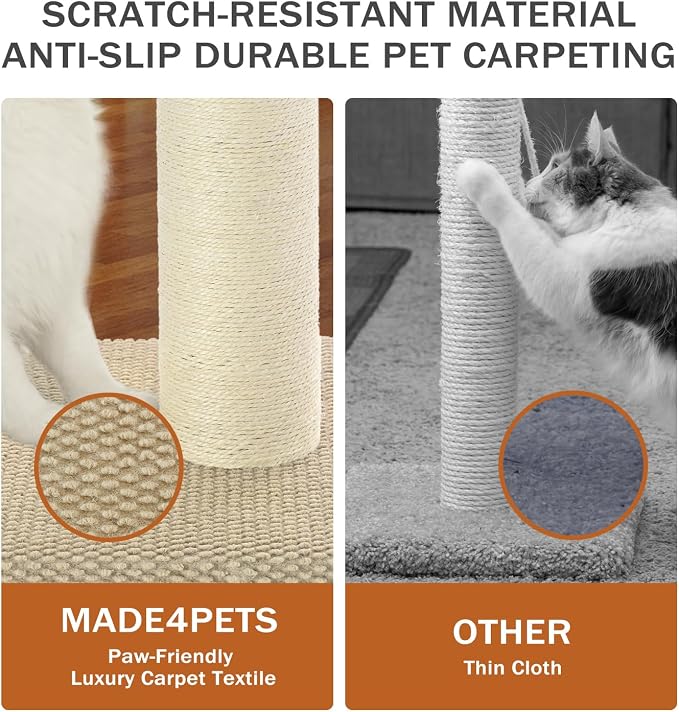 Made4Pets Tall Cat Scratching Post with Sisal & Carpet for Indoor Cats, 33" | Cat Scratcher with Wide Stable Base, Interactive Hanging Toys, Ideal for Adult Cats, Large Breeds and Full-Body Stretching