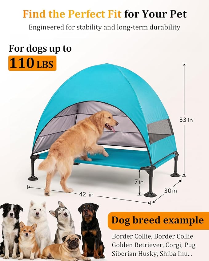 Elevated Dog Bed with Canopy - 3-Sided UV Protection Pet Tent with Wider Shade, Raised Cooling Outdoor Dog Cot with Breathable Mesh for Medium Large Dogs, Portable Pet Bed for Camping, Patio (Aqua, L)