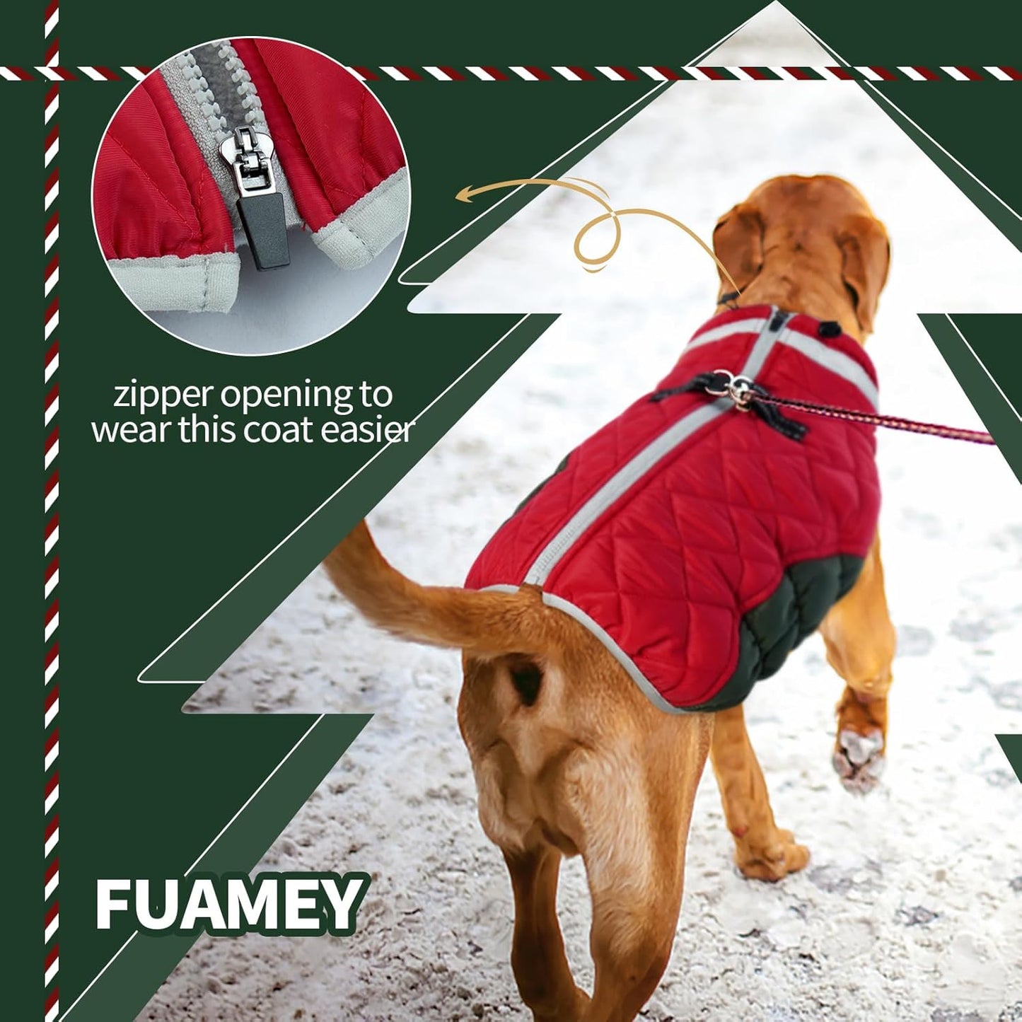 FUAMEY Dog Coat for Large Dogs,Waterproof Dog Winter Jacket with Harness Built in Puppy Cold Weather Coats Reflective Pet Vest with Zipper Warm Fleece Dogs Snowsuit Windproof Christmas XXL