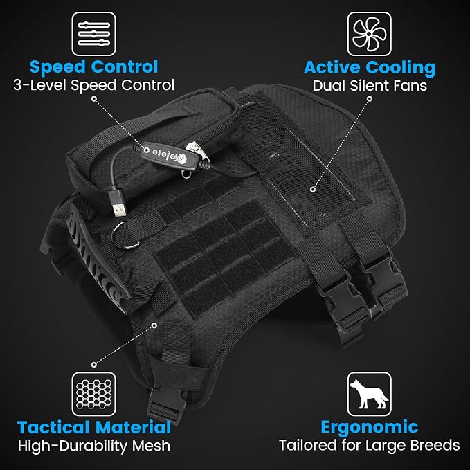 Dog Cooling Vest, Built-in Fan Tactical Harness for Outdoor Heat Relief | 3D Breathable Mesh, Continuous Cooling for Outdoor Activities, Fits Medium Large Dogs, 5V Power Bank Required (Not Included)