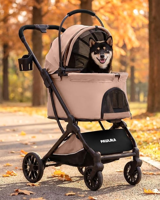 Pet Stroller with Detachable Carrier for Small & Medium Dogs & Cats, Smooth Comfort Ride with Shock-Absorbing Suspension, Foldable Dog Stroller, Compact Storage (Peach Pink)