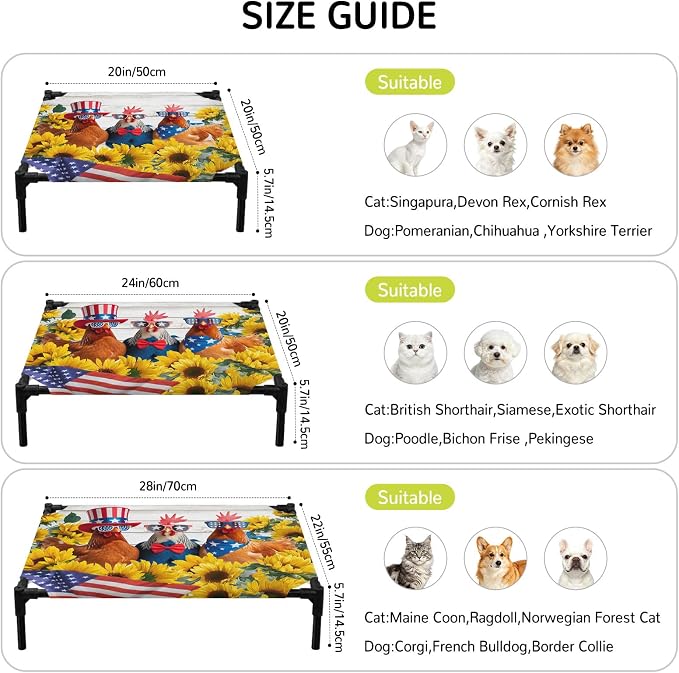 Outdoor Elevated Dog Bed for Large Dogs, Sunflower Independence Day Breathable Cooling Raised Dog Cot for Indoor/Outdoor, 4th of July Rooster Wooden Waterproof Elevated Pet Beds, L 28 x 22 in