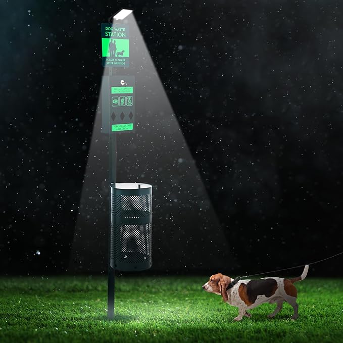 Tujoe Dog Waste Station with Solar Panels Outdoor Light Up at Night,Galvanized Steel Dog Trash Bin Dispenser,Rust Proof LED Pet Station for Commercial Park Backyard (with Trash Bin)