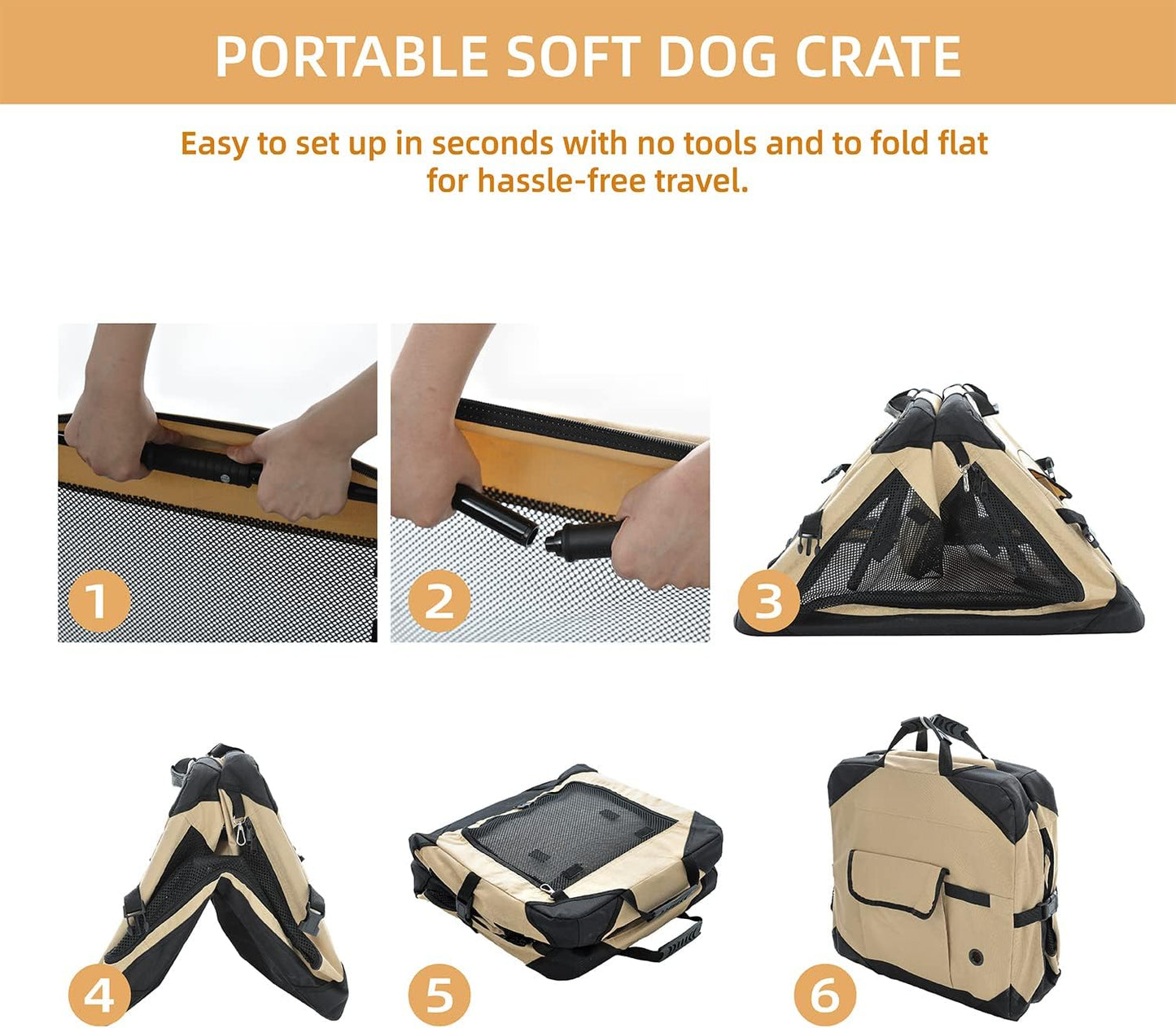 Pettycare 30 Inch Collapsible Dog Crate for Medium Dogs, 4-Door Foldable Soft Dog Kennel with Chew Proof Mesh Windows, Indoor & Outdoor Travel Dog Crate, Beige