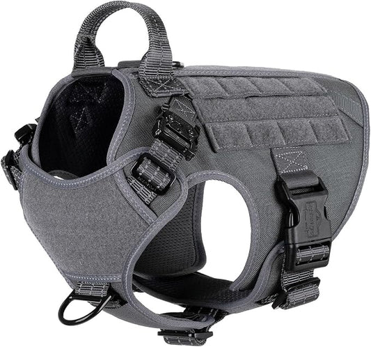 ICEFANG Tactical Dog Harness for Medium Dogs,Reflective No Pull Dog Vest | with Control Handle,Adjustable,Front Hook,2 Leash Clips,Soft Padded,MOLLE Panel,Grey,Medium