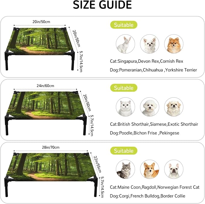 Outdoor Elevated Dog Bed for Small Dogs, Green Forest Breathable Cooling Raised Dog Cot for Indoor/Outdoor, Retro Rustic Natural Scenery Trees Waterproof Elevated Pet Beds, S 20 x 20 in