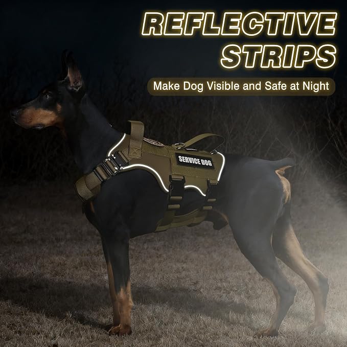 Tactical Dog Harness and Leash Set with Metal Buckles+10 Patches | Heavy Duty Service Dog Vest ,Adjustable Harness for Large Sized Dogs,No Pull Front Back Clips,for Training Hiking,Brown L