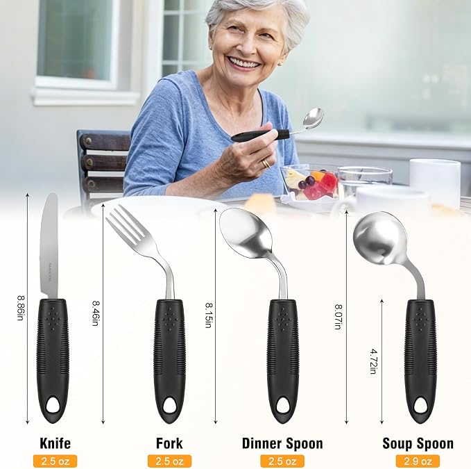 2.9oz Weighted Silverware for Hand Tremors, 45°Angled Adaptive Utensils for Elderly，4 Pack Parkinsons Utensils Aids for Weak Hand Grip, Arthritis (Right-Handed)