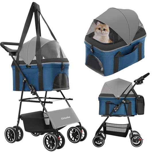 2-in-1 Foldable Pet Stroller with Canopy, 4 Wheels Pet Strolling Cart for Small/Medium Dogs and Cats with Removable Carrier,Breathable Mesh,Mom Tote Bag,Cup Holders,Easy Assembly,Grey+ Green