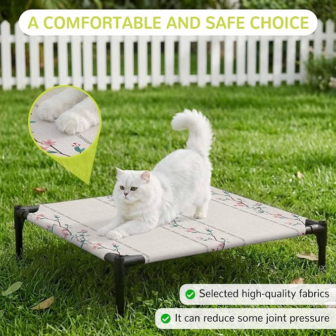 Outdoor Elevated Dog Bed for Small Dogs, Beige Flower Branch Breathable Cooling Raised Dog Cot for Indoor/Outdoor, Spring Summer Farmhouse Botanical Waterproof Elevated Pet Beds, S 20 x 20 in