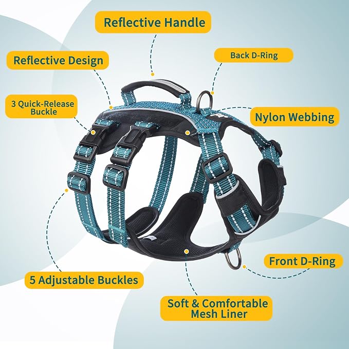 Service Dog Vest Harness, Escape Proof Harness with 6 Patches, No-Pull, Reflective Harness with Handle, Adjustable for Small to Large Dogs, for Training and Hiking (Teal, L)