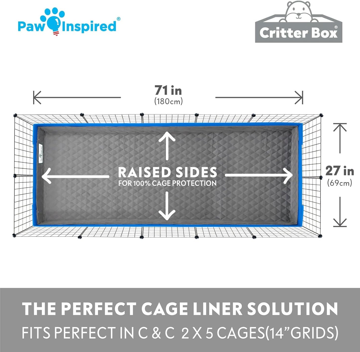 Paw Inspired Critter Box | Washable Guinea Pig Cage Liners with Raised Sides | Fleece Bedding for Guinea Pigs Rabbits, Hamsters, Small Animals | Edge Protected Pee Pads (C&C 2x5 (14" Grids))