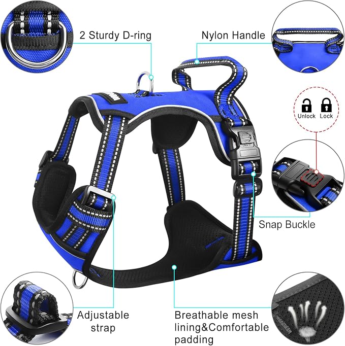 Dog Harness No Pull, Pet Harnesses with Dog Collar, Adjustable Reflective Oxford Outdoor Vest, Front/Back Leash Clips for Small, Medium, Large, Extra Large Dogs, Easy Control Handle for Walking