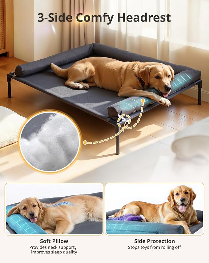 Cooling Elevated Dog Bed, 30x41.8 Raised Dog Bed with Removable Bolster Cushion, Breathable Mesh, Non-Slip Feet, and Metal Frame for Large Breeds Indoor Outdoor | Raised Dog Bed with Removable Bolster Cushion, Sturdy Metal Frame, Non-Slip Feet, for Lar...