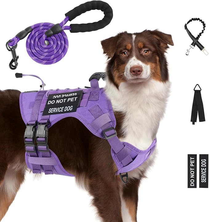 No Pull Tactical Dog Harness for Large Dogs, Service Dog Vest, XL, Purple | Tactical Dog Vest Harness and Leash Set, Adjustable Military Service Dog Harness with Handle for Medium Large Dogs
