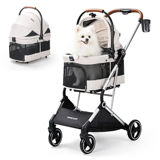 T3 Pro Small Dog Stroller (Beige & Net Wall) | Detachable Carrier, 3-in-1 Stroller, Lightweight, Breathable Mesh Fabric, One-Button Braking, Easy to fold