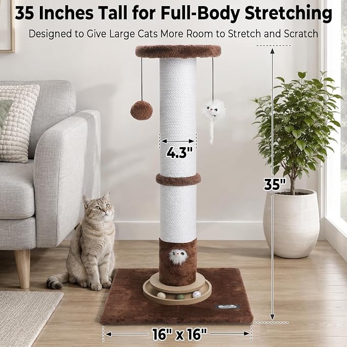 35-Inch Tall Cat Scratching Post, Stable Base for Large Cats, Brown | Heavy-Duty, Soft Natural Cotton Rope Cat Scratcher, Interactive Cat Toys, Wooden Ball Track, for Kittens and Indoor Cats