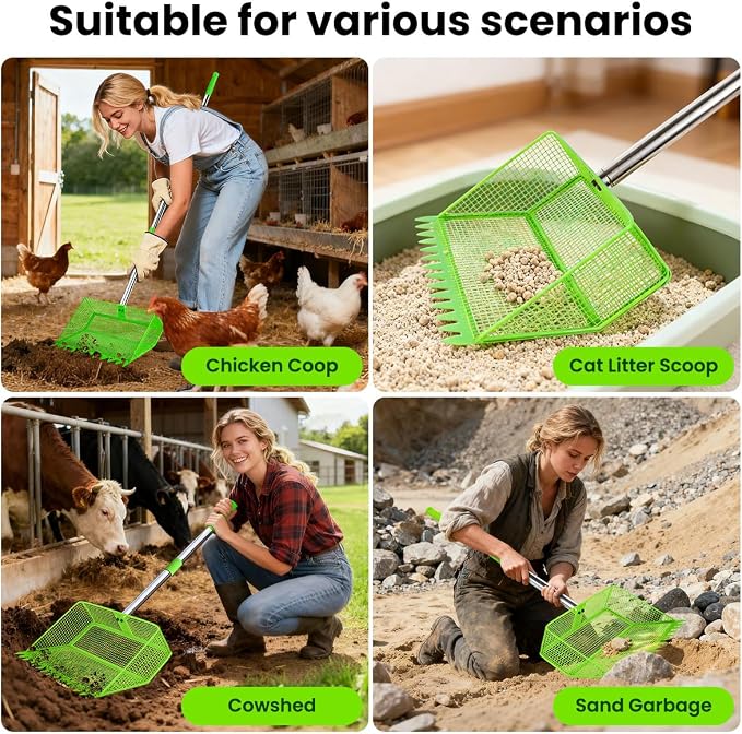 2026 Upgraded 2-in-1 Chicken Poop Scooper & Rake with Handle, 12inch Heavy-Duty Metal Chicken Coop Scoop for Sand Sifting Shovel Litter Scooper for Farm House Chicken Coop Cleaning Tools Accessories