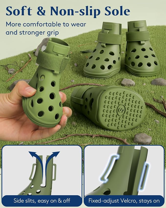 Dog Shoes for Hot Pavement, Breathable Dog Boots Paw Protectors with Adjustable Straps & Non-Slip Sole, Easy On & Off, Waterproof, Easy-Cleaning (Olive Green, S)