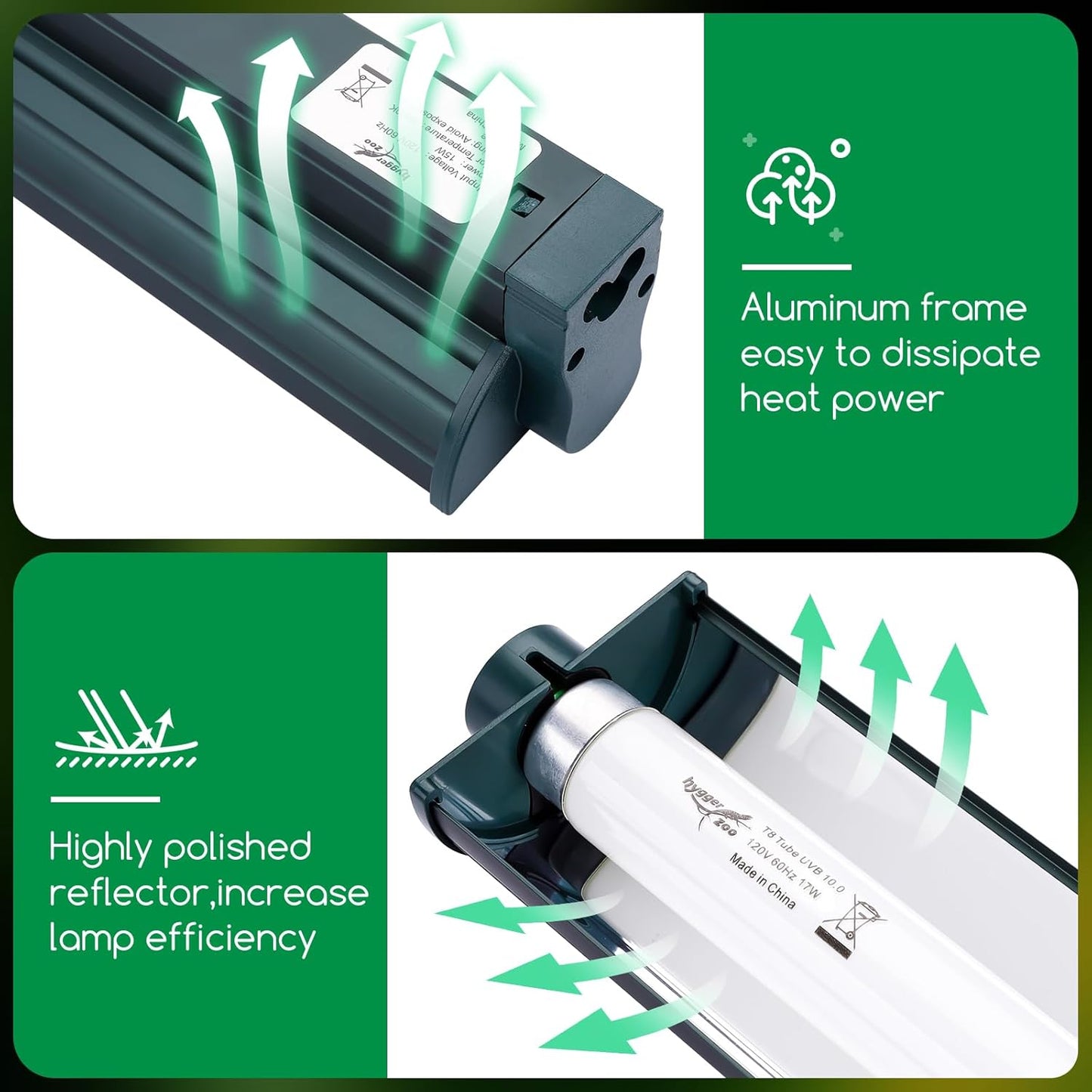 T8 Reptile Light Fixture Combo Kit 17W Light Fixture Jungle Green Reptile Terrarium Hood 10.0 UVB Light Bulb Fluorescent Tube for Bearded Dragon Lizards Tortoise for Tropical and Deserts Reptile lamp