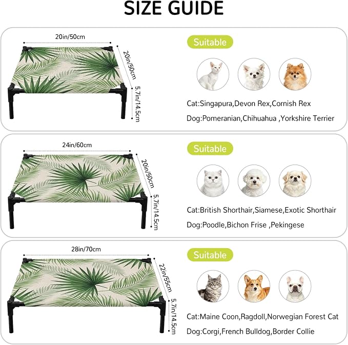 Outdoor Elevated Dog Bed for Medium Dogs, Summer Leaves Breathable Cooling Raised Dog Cot for Indoor/Outdoor, Rustic Tropical Palm Leaf Plants Branches Waterproof Elevated Pet Beds, M 24 x 20 in