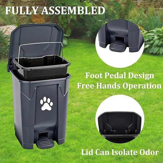 Dog Poop Trash Can for Outdoors, Dog Waste Trash Can for Yard Garden Home with Lid Removable Inner Bin, 100PCS Green Waste Bag, Grey Fully Assembled
