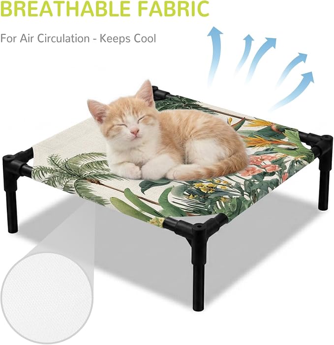 Outdoor Elevated Dog Bed for Small Dogs, Summer Palm Tree Breathable Cooling Raised Dog Cot for Indoor/Outdoor, Tropical Botanical Floral Coastal Rustic Waterproof Elevated Pet Beds, S 20 x 20 in