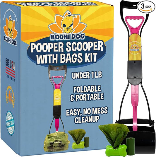 Bodhi Dog Complete Poo Pack- 24" Pooper Scooper, Poop Bags, & Waste Bag Holder, Ideal for Small to XL Pets - Durable, Easy-to-Use, Great for Grass, Gravel, & Outdoor Cleanups (Pink)